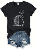 Hedgehog Print Crew Neck T-Shirt, Casual Short Sleeve T-Shirt For Spring & Summer, Women's Clothing