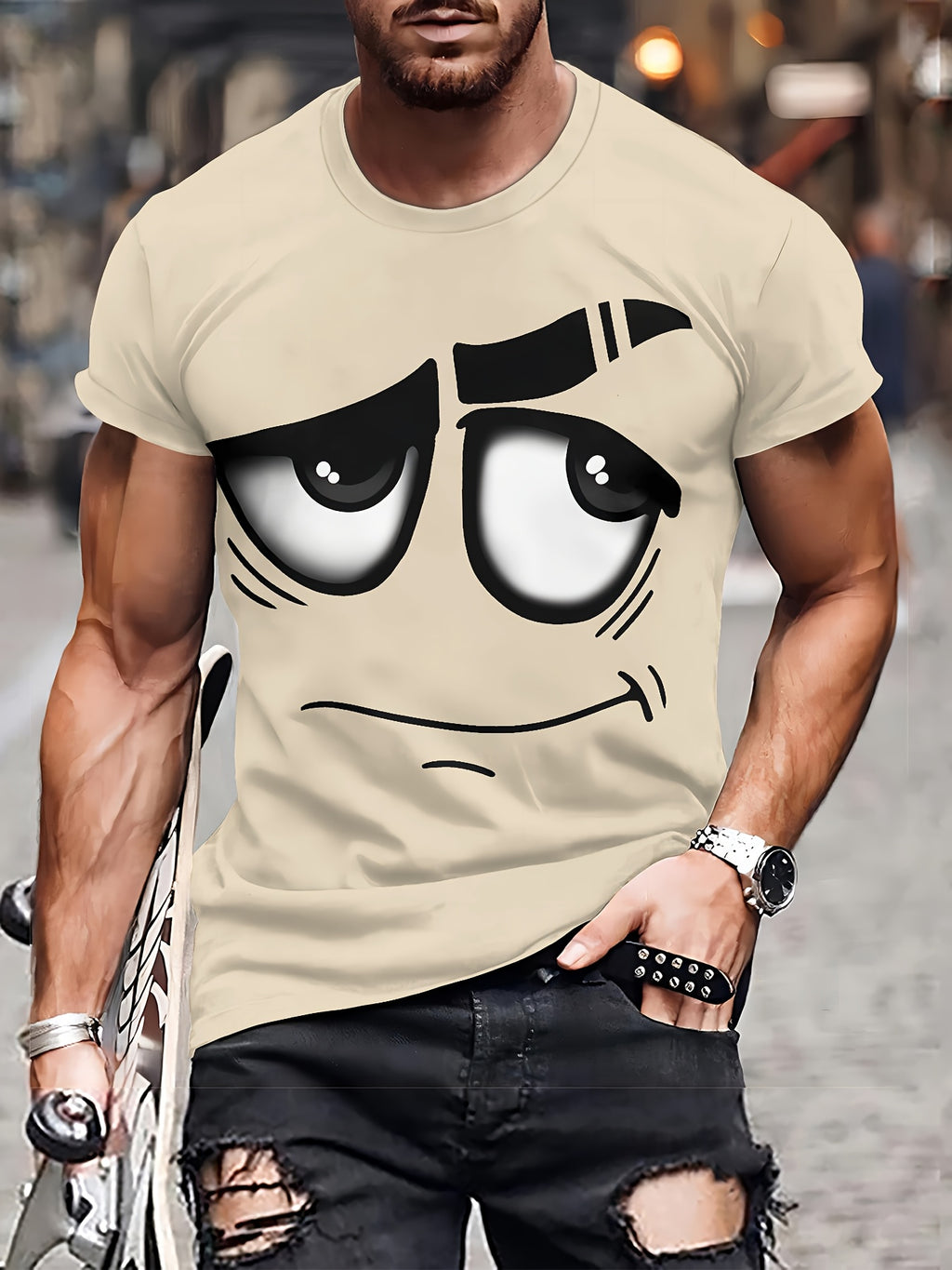 Men's 3D Novelty Graphic Tee - Casual Polyester Crew Neck T-Shirt, Machine Washable