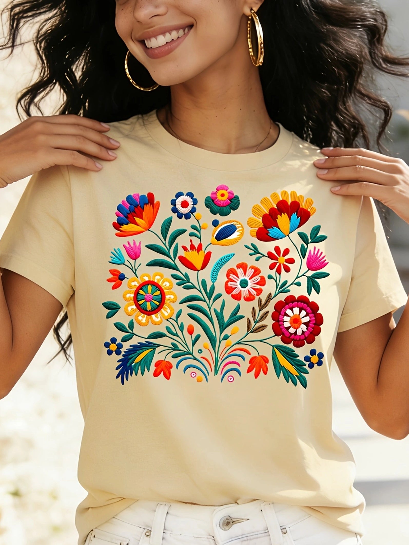 Mexican Color Floral Fiesta Letter Print T-shirt, Casual Short Sleeve Crew Neck Top Women's Clothing
