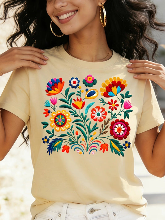 Mexican Color Floral Fiesta Letter Print T-shirt, Casual Short Sleeve Crew Neck Top Women's Clothing