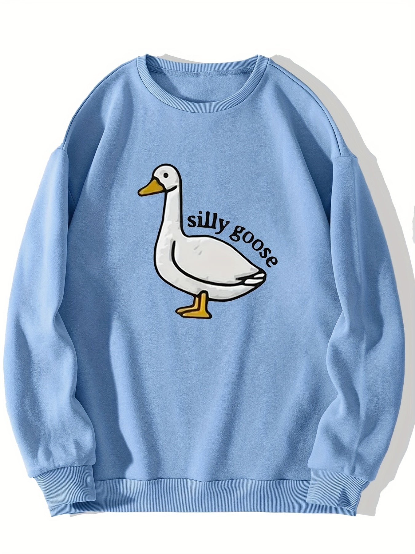 Silly Goose Print Crew Neck Fleece Sweatshirt Warm Pullover For Men Solid Color Sweatshirts For Winter Fall Long Sleeve Tops