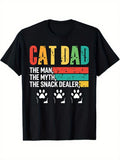 Men's Fun Cat Dad T-Shirt- for Man Mythical Snack Vendor Pattern T-Shirt- Black T-Shirt with Red and Yellow Text- Soft Casual Wear Suitable for Cat Lovers- Perfect Gift for Dad Pet Owner- Suitable for All Seasons, PLUS SIZE, Everyday Outfit, Graphic