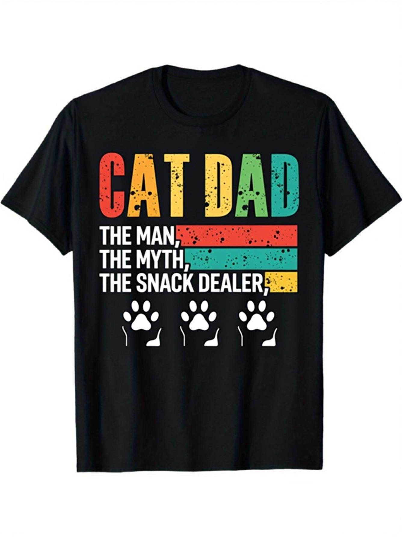 Men's Fun Cat Dad T-Shirt- for Man Mythical Snack Vendor Pattern T-Shirt- Black T-Shirt with Red and Yellow Text- Soft Casual Wear Suitable for Cat Lovers- Perfect Gift for Dad Pet Owner- Suitable for All Seasons, PLUS SIZE, Everyday Outfit, Graphic