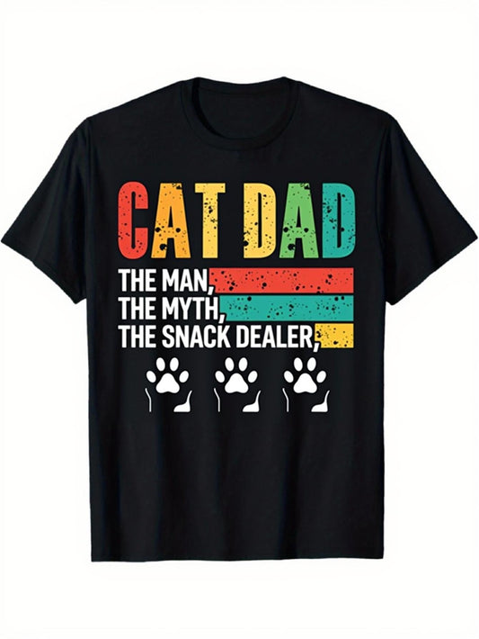 Men's Fun Cat Dad T-Shirt- for Man Mythical Snack Vendor Pattern T-Shirt- Black T-Shirt with Red and Yellow Text- Soft Casual Wear Suitable for Cat Lovers- Perfect Gift for Dad Pet Owner- Suitable for All Seasons, PLUS SIZE, Everyday Outfit, Graphic