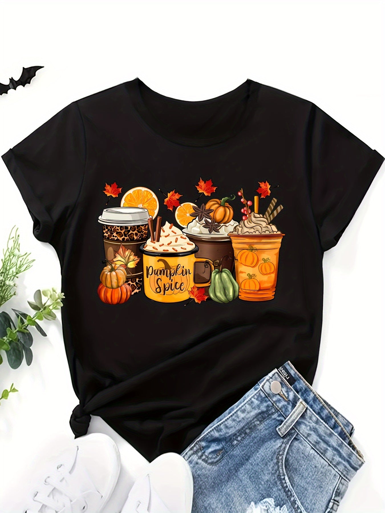 Women'S Short-Sleeve Round Neck T-Shirt with Pumpkin Spice Print