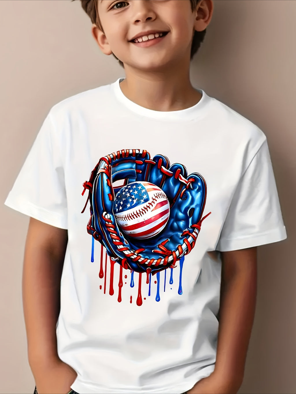 Baseball Drip Ice Cream 4th July Baseball US American Flag T-Shirt, for Boys breathable, casual and comfortable top street fashion casual summer T-shirt