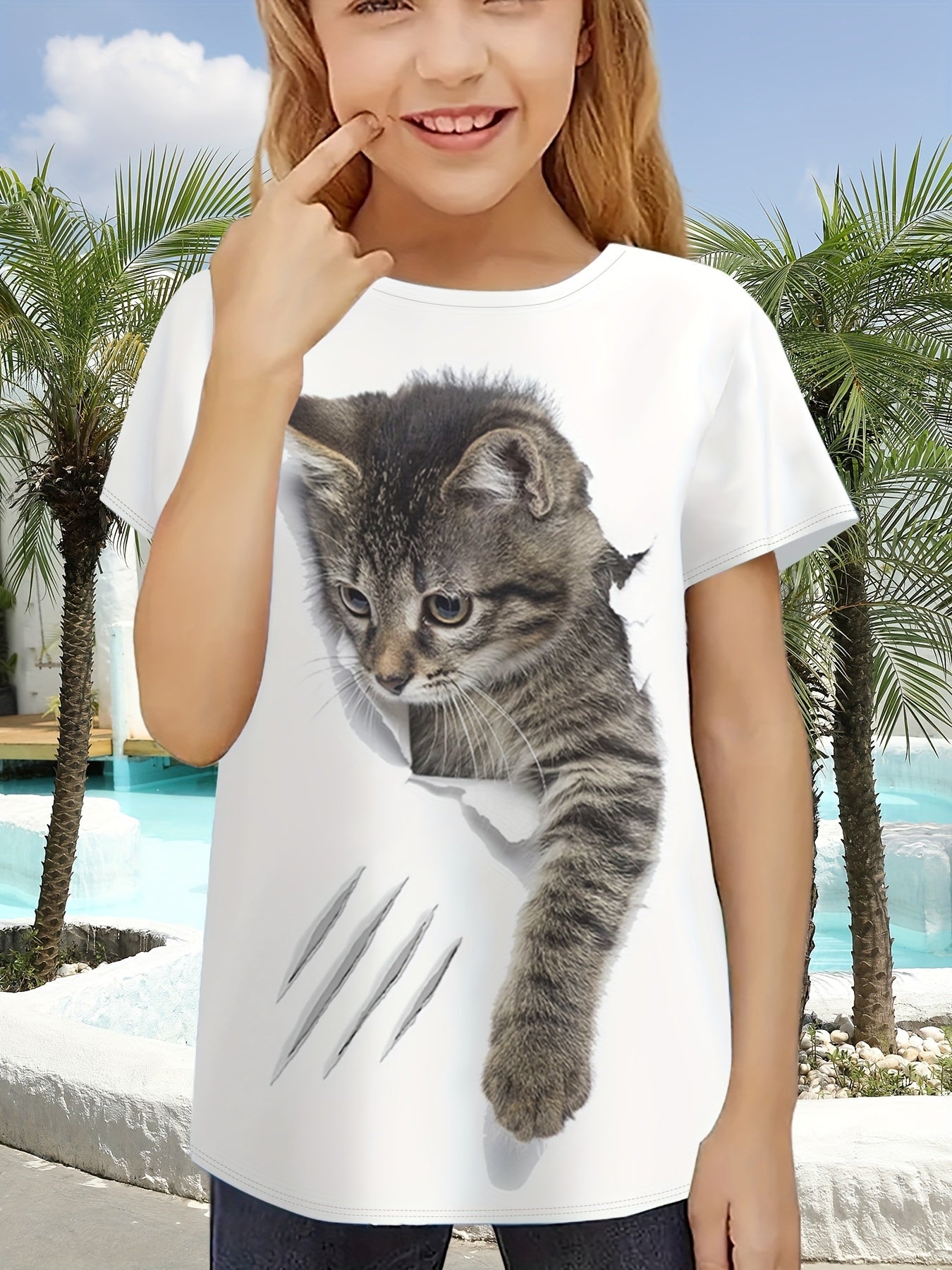 Pretty Girl's Cute 3D Cat Print Casual Short-Sleeve T-Shirt