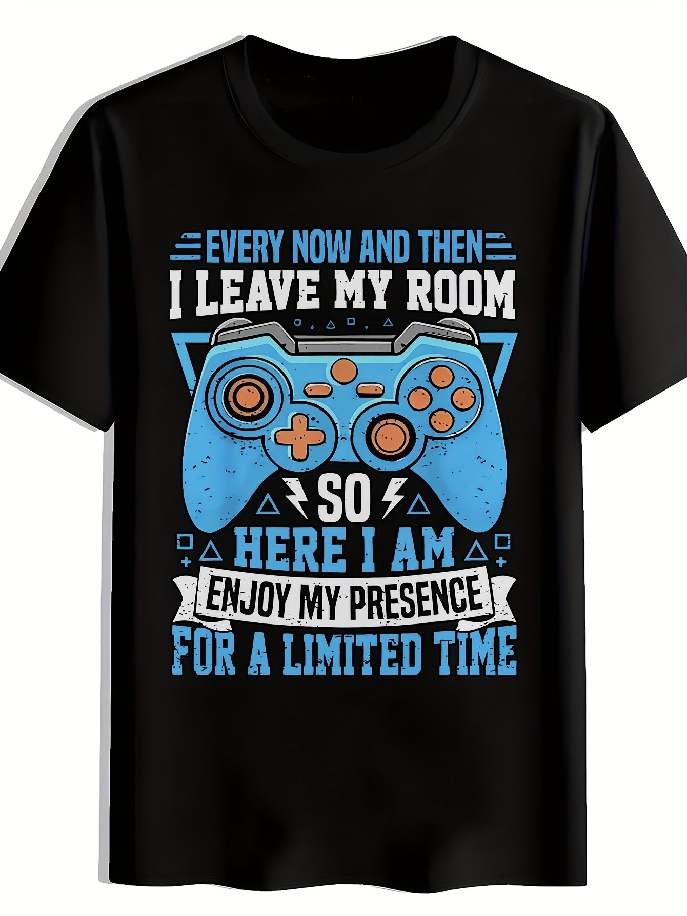 Game Controller Blue Print T-Shirt, Summer, Versatile, Athletic, Trendy T-Shirt, Round Neck Short Sleeve Top, Casual Daily Wear, Men'S Clothing