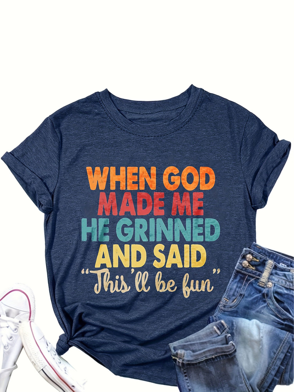 Funny Christian Shirts for Women When God Made Me He Grinned T Shirt Sarcastic Jesus Faith Religious Tops