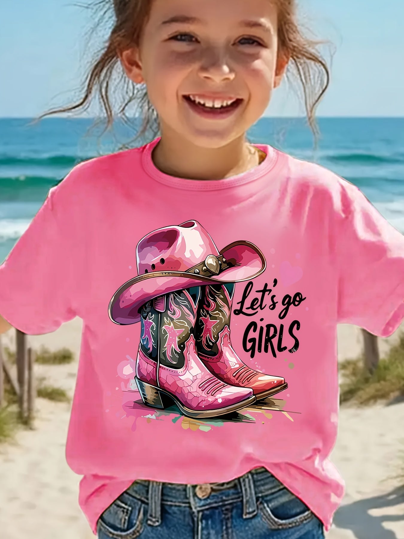 Fashion Vintage Girls Summer T-Shirt, Stylish Cowboy Boots Pattern Print T-Shirt, Let'S Go, Girls Letter Print T-Shirt, Trendy Toddler Girls T-Shirt, Casual And Light Comfortable Crew Neck Short Sleeve T-Shirt, Girls' Clothing