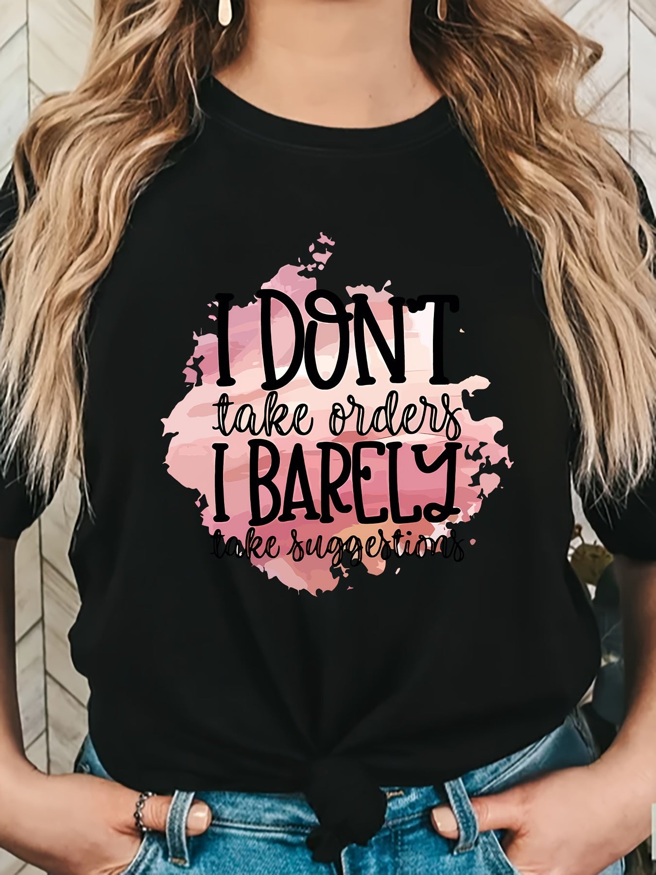 Women'S Casual Crew Neck T-Shirt, Polyester Knit Fabric, Regular Length, with Bold Alphabet Print, for All Seasons