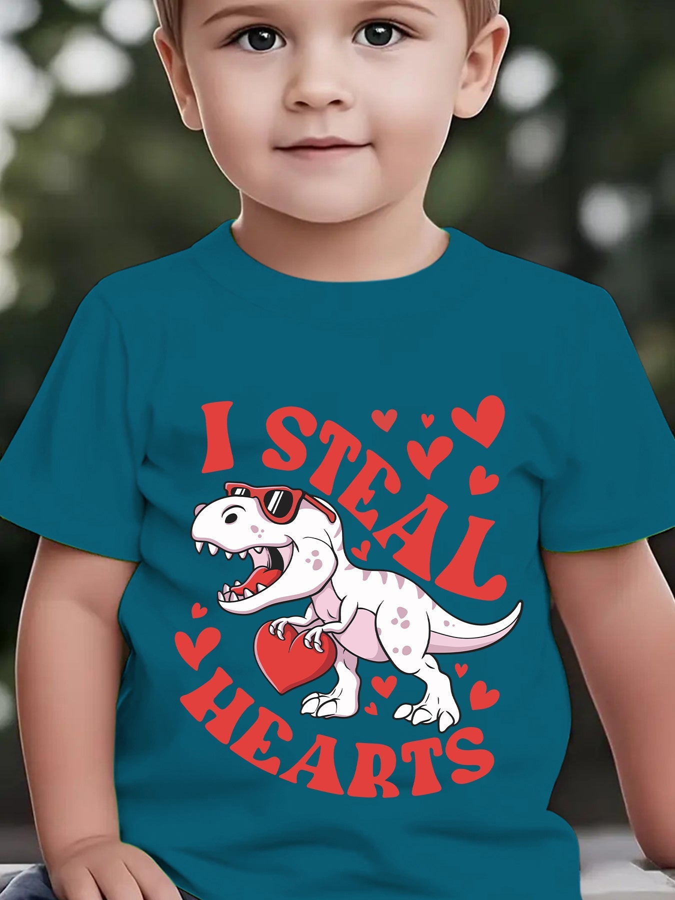 Valentine'S Day Summer Boys' Fashion Short Sleeve T-Shirt "I STEAL HEARTS" Holding Heart Dinosaur Cartoon Pattern Print Outdoor Casual Top NY-DX4923