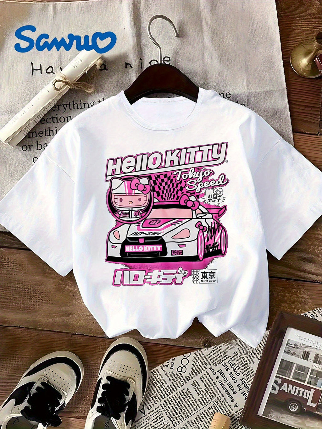 Sanrio Hello Kitty Women's Speed Harajuku Graphic T-Shirt - Cute Anime Short Sleeve Crew Neck Top with Hello Kitty Face & Speed Text Print, Culture Summer Tee for Kawaii Fashion