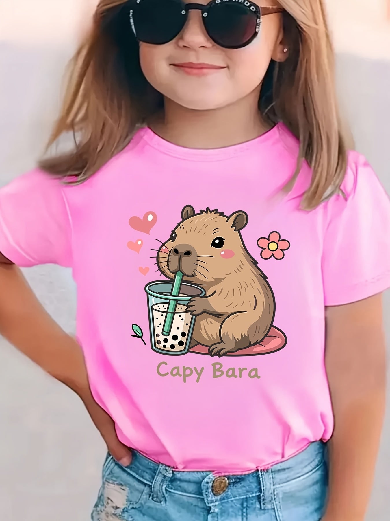 Summer Fashion Short-Sleeve T-Shirt for Girls Featuring a Capybara with Heart Flowers And a Milk Tea Theme, Casual And Versatile Top NY-DX8830
