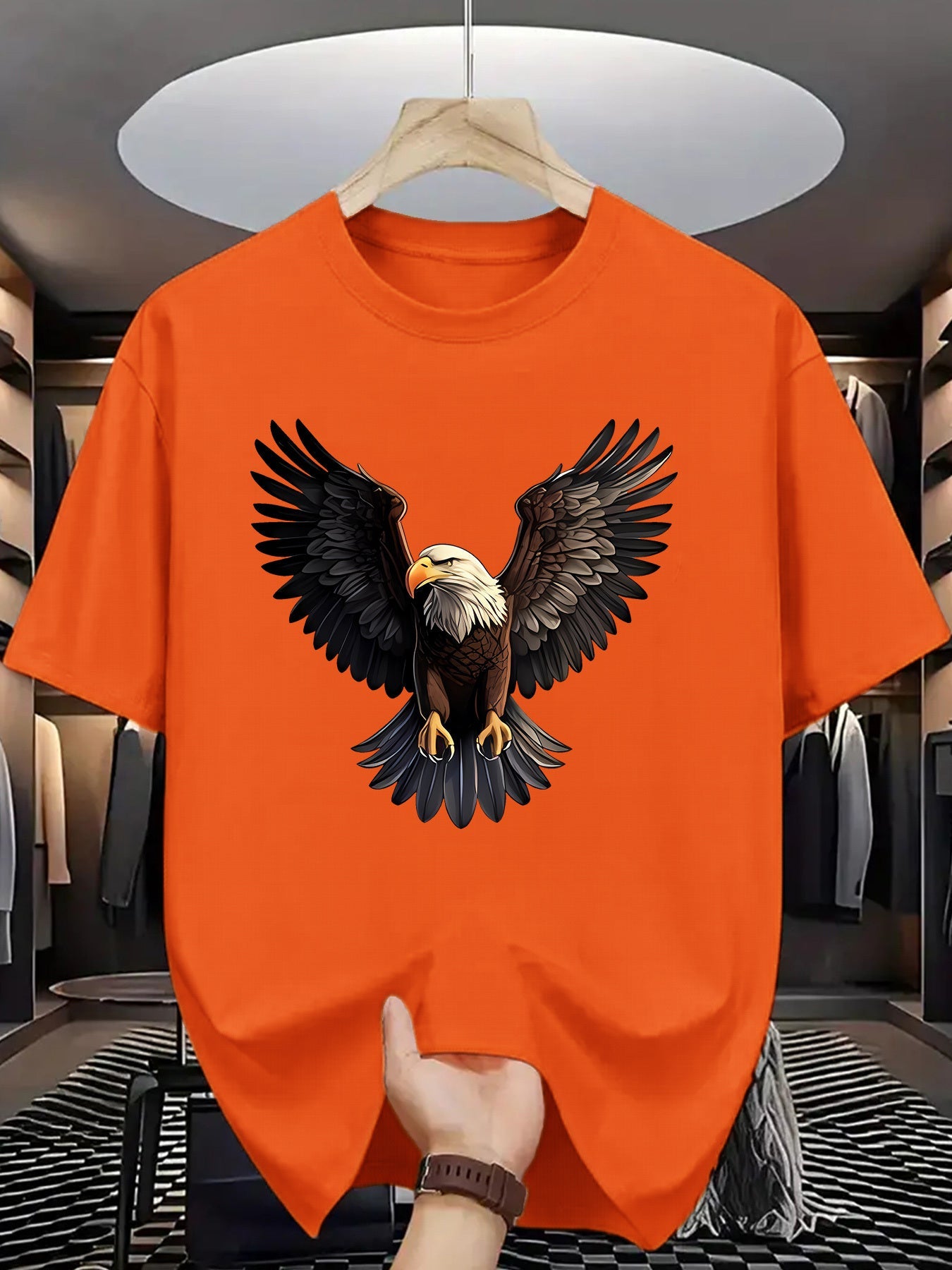 1pc Men'S Summer Fashion Eagle Print Short Sleeve T-Shirt, Casual Crew Neck Polyester Tee with Slight Stretch, Knit Fabric Letter Pattern Print for Adults