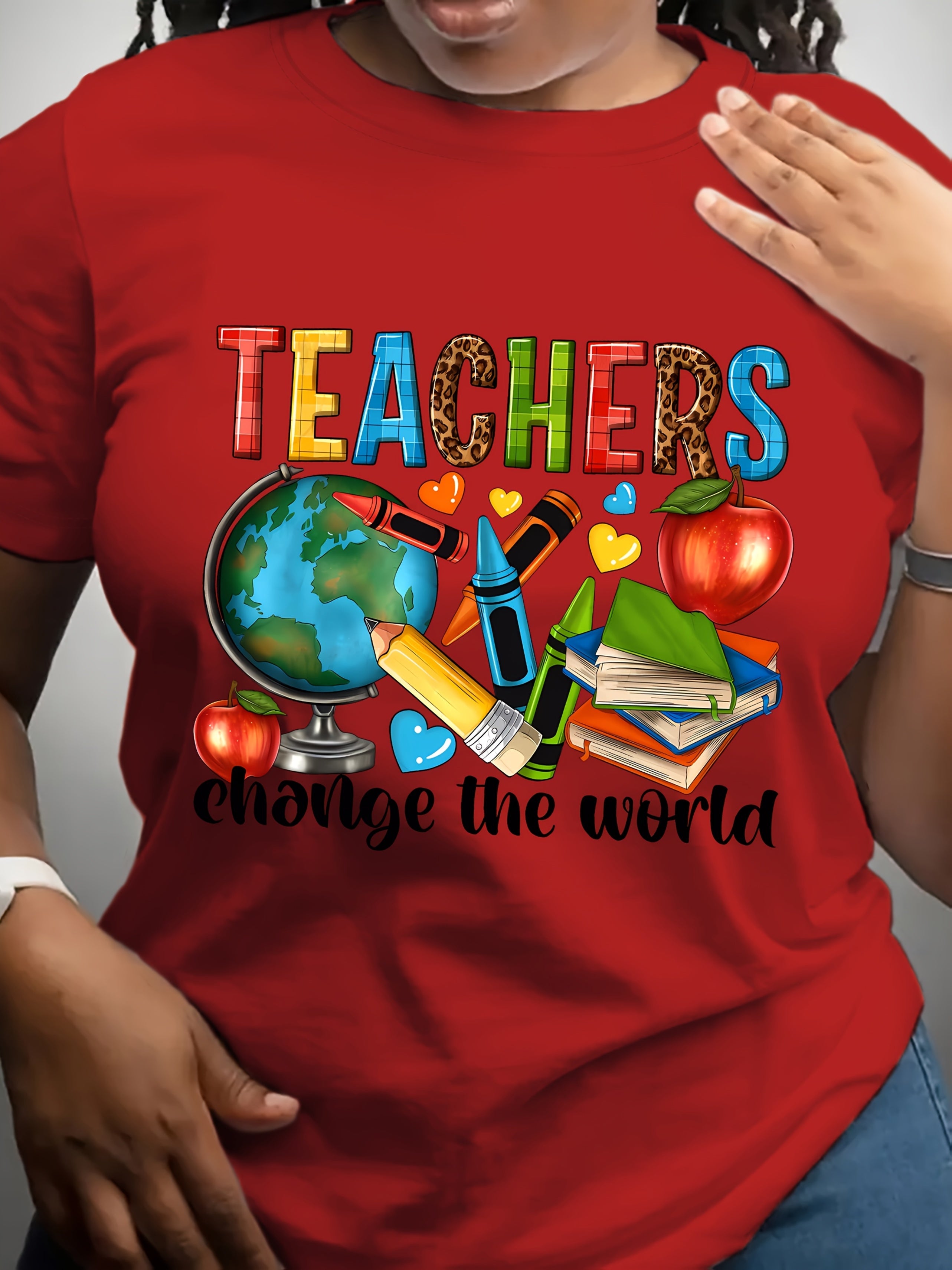 Teacher Print Crew Neck T-Shirt, Casual Short Sleeve T-Shirt for Spring & Summer, Women's Clothing