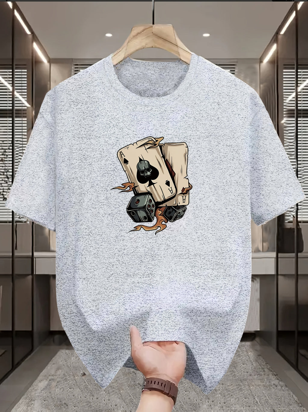 Men's Fashion Printed T-Shirt with Perfect Combination of Poker Cards and Dice Design
