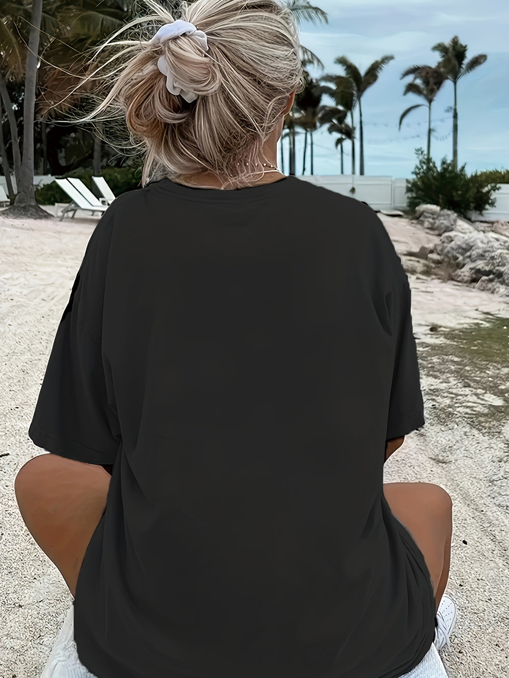 Circle Face Line with Color Block Pattern Print Summer Women's Loose Fit Oversized T-shirt