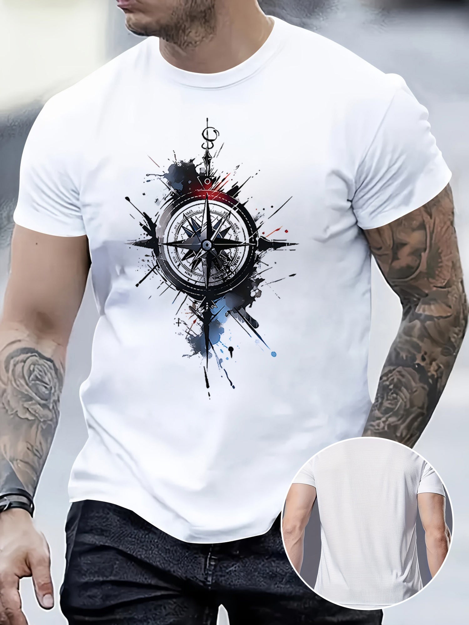 Men's Casual Short Sleeve T-Shirt with Compass Print - Breathable Polyester Round Neck Tee, Machine Washable Lightweight Summer Top for Outdoor Activities & Casual Attire, Smooth Texture Fabric
