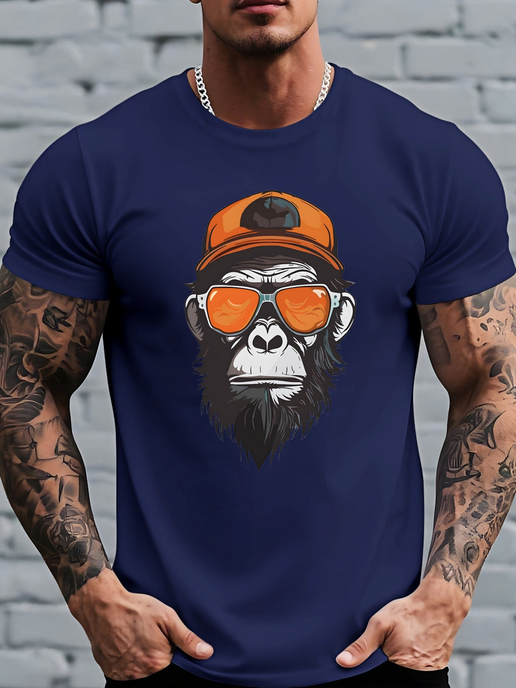 Men's Monkey Print T-Shirt - Monkey-Themed Short Sleeve Round Neck Casual Top, Breathable Summer Shirt Suitable for Outdoor & Casual Attire, Machine Washable Solid Color Base with Monkey