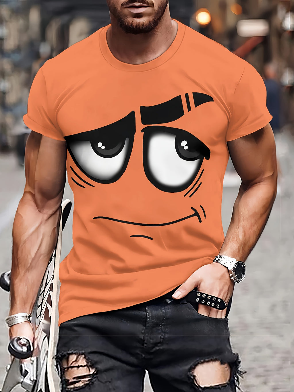Men's 3D Novelty Graphic Tee - Casual Polyester Crew Neck T-Shirt, Machine Washable
