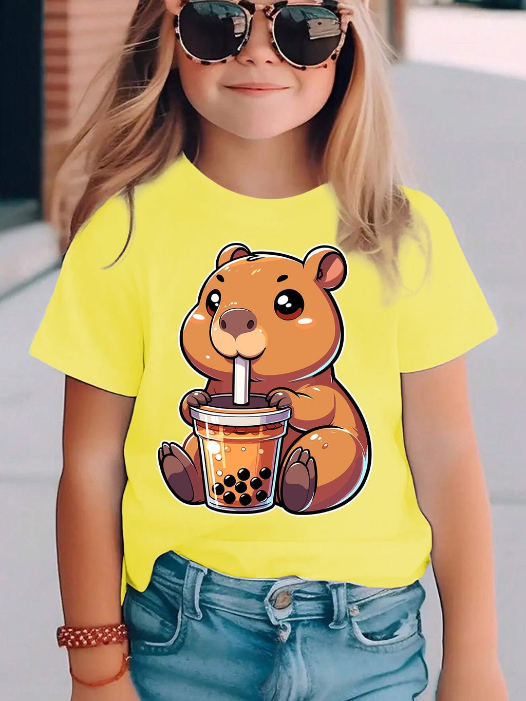 Girls' Summer Short Sleeve T-Shirt with Cute Bear Drinking Boba Milk Tea & Letter Print Round Neck Blouse - Casual Summer Top for, Playdates, Casual Attire - Easy-Care for & Little Girls (DX5334)