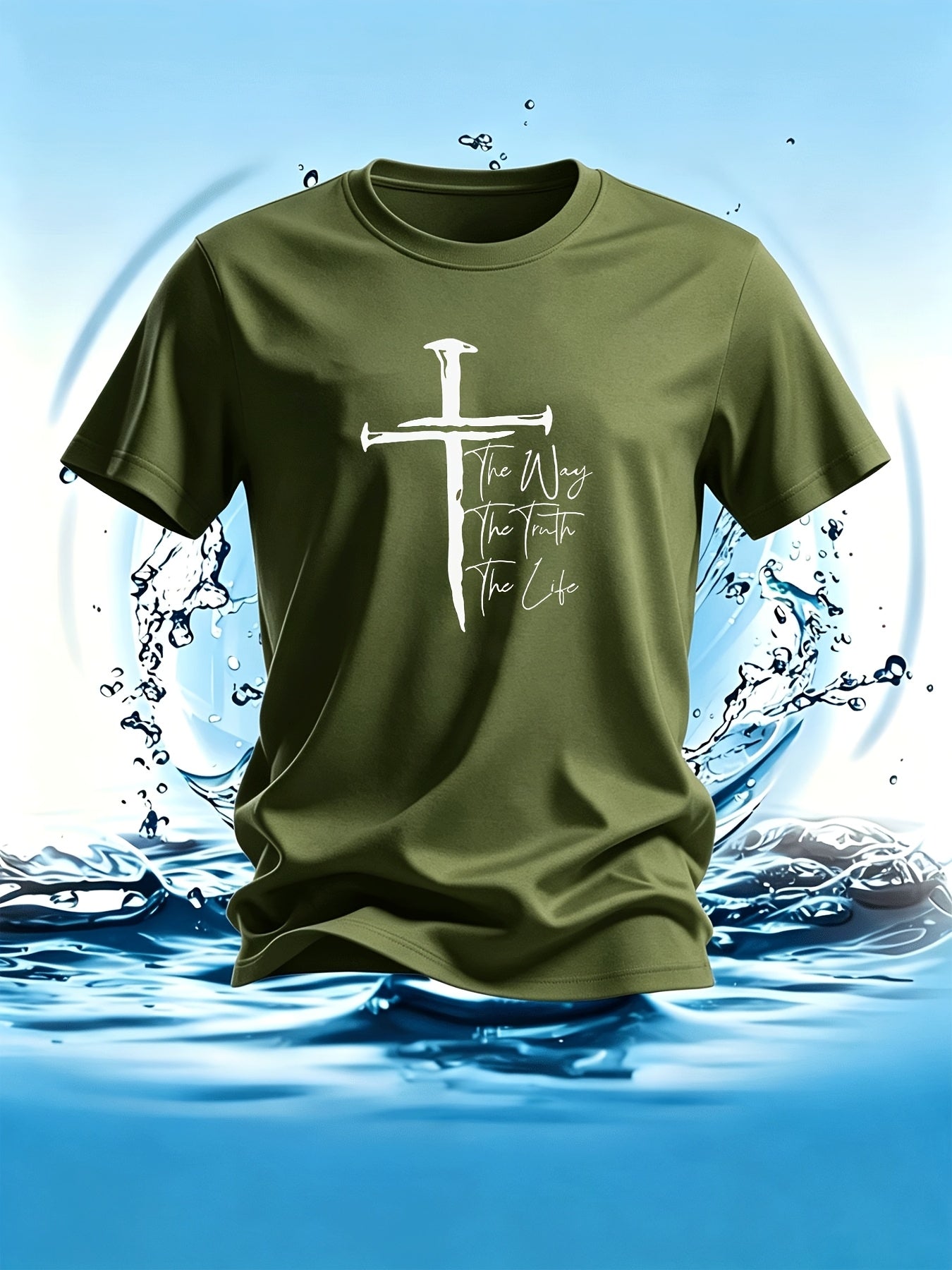 Classic Christian Graphic Tee with White Cross The Way The Truth The Life Print Men'S Fashion Street Style Casual Wear Adults Men Daily Outfit