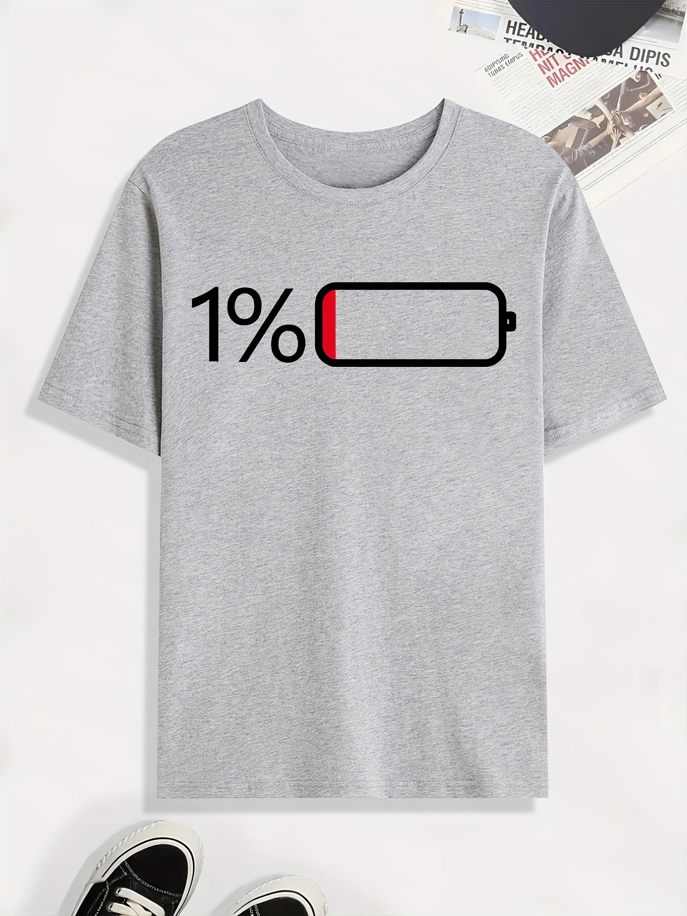 Battery Low Print T Shirt, Tees For Men, Casual Short Sleeve Tshirt For Summer Spring Fall, Tops As Gifts