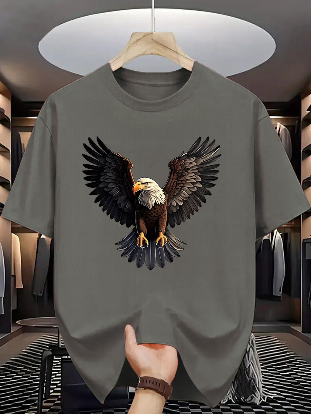 1pc Men'S Summer Fashion Eagle Print Short Sleeve T-Shirt, Casual Crew Neck Polyester Tee with Slight Stretch, Knit Fabric Letter Pattern Print for Adults