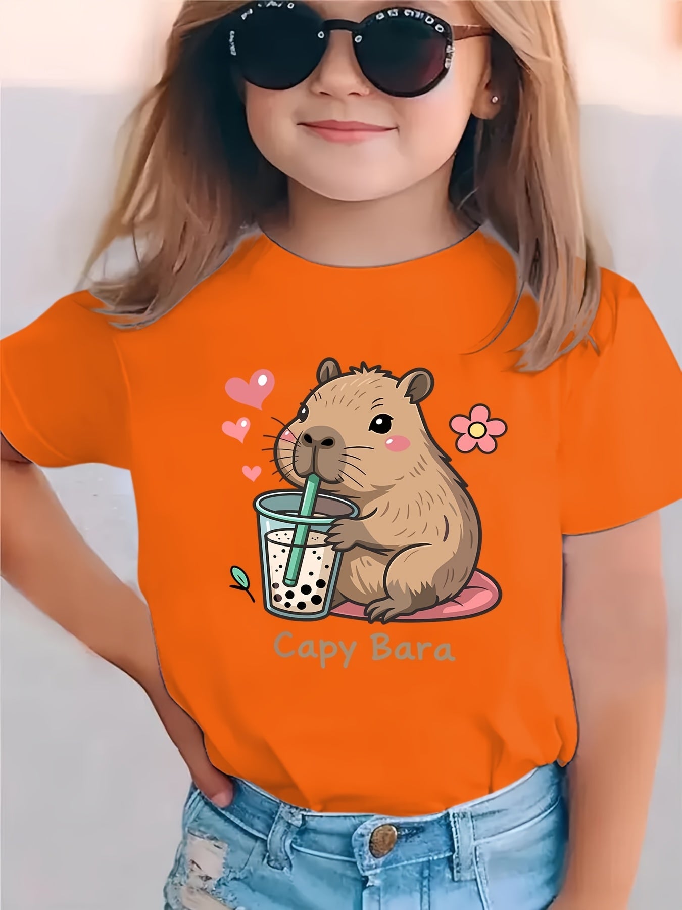 Summer Fashion Short-Sleeve T-Shirt for Girls Featuring a Capybara with Heart Flowers And a Milk Tea Theme, Casual And Versatile Top NY-DX8830