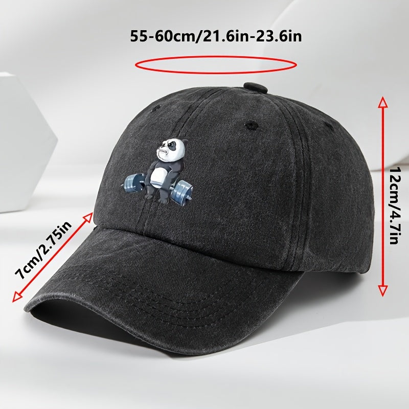 Cartoon Panda Print Baseball Cap, Washed Distressed Classic Flat Brim Hat, Soft Top Comfortable Moisture-Wicking Breathable Cap