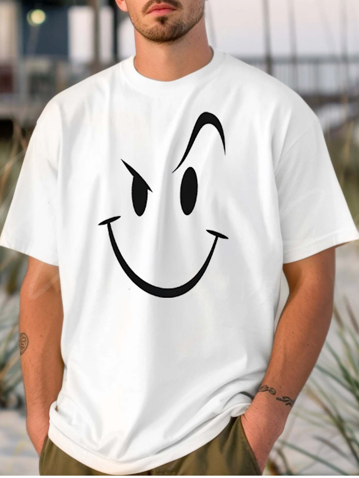 Pure - Cotton White T - shirt for Men: Simple and Bold Smiling Face Design