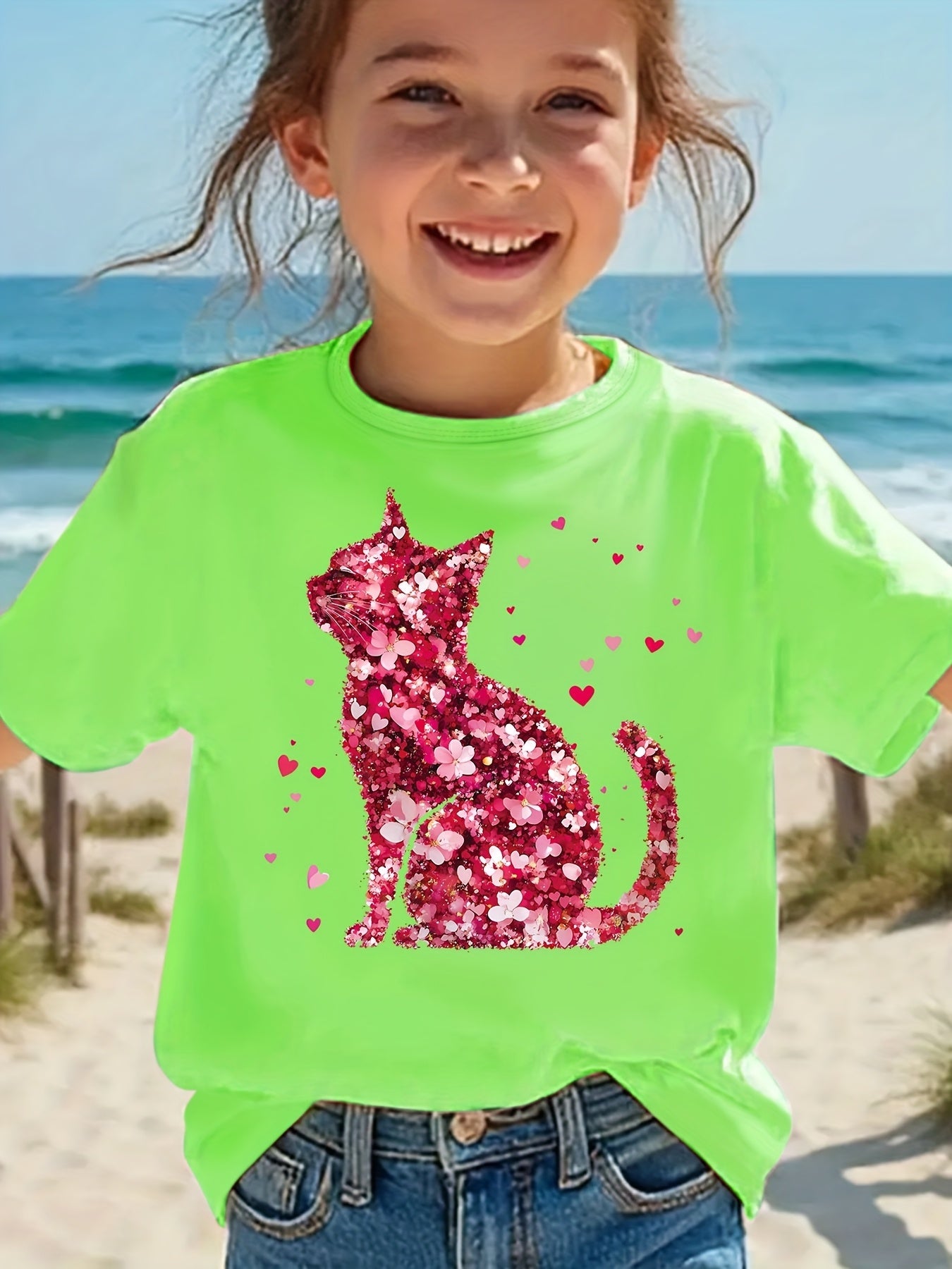 Cute girls' T-shirts, including a cat print T-shirt with faux sequin design, a romantic red floral print T-shirt, a round neck short-sleeved casual top, the perfect choice for summer outings.