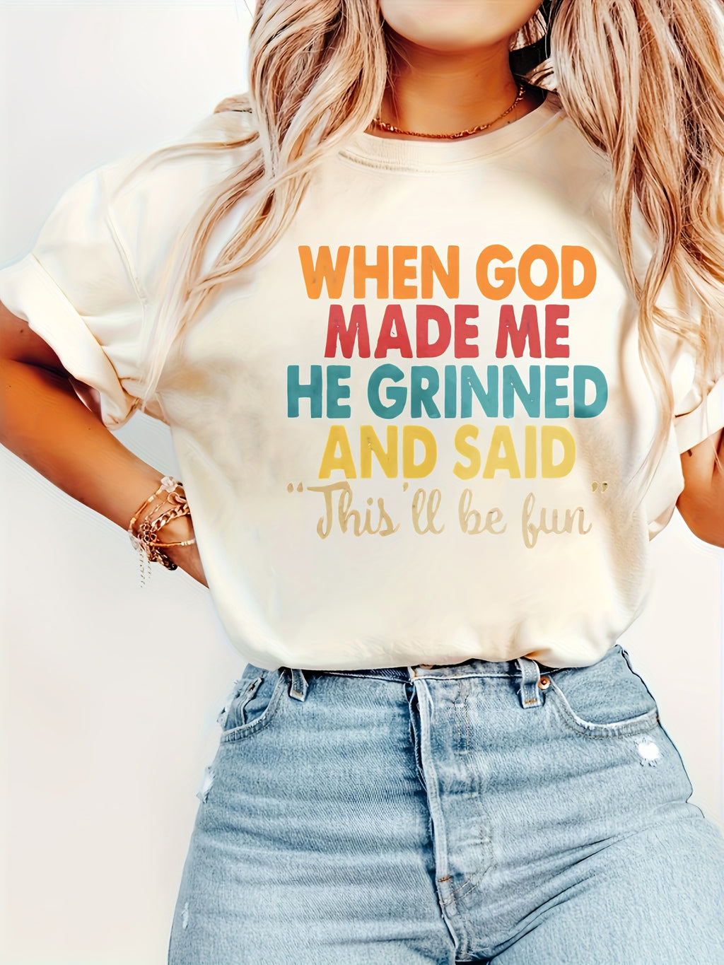 Funny Christian Shirts for Women When God Made Me He Grinned T Shirt Sarcastic Jesus Faith Religious Tops