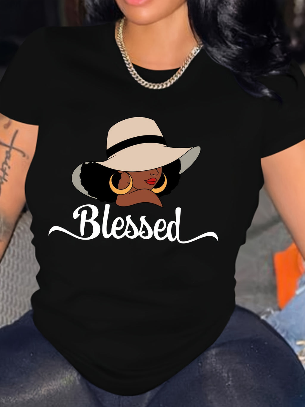 Portrait Print T-shirt, Casual Short Sleeve Crew Neck Top For Spring & Summer, Women's Clothing