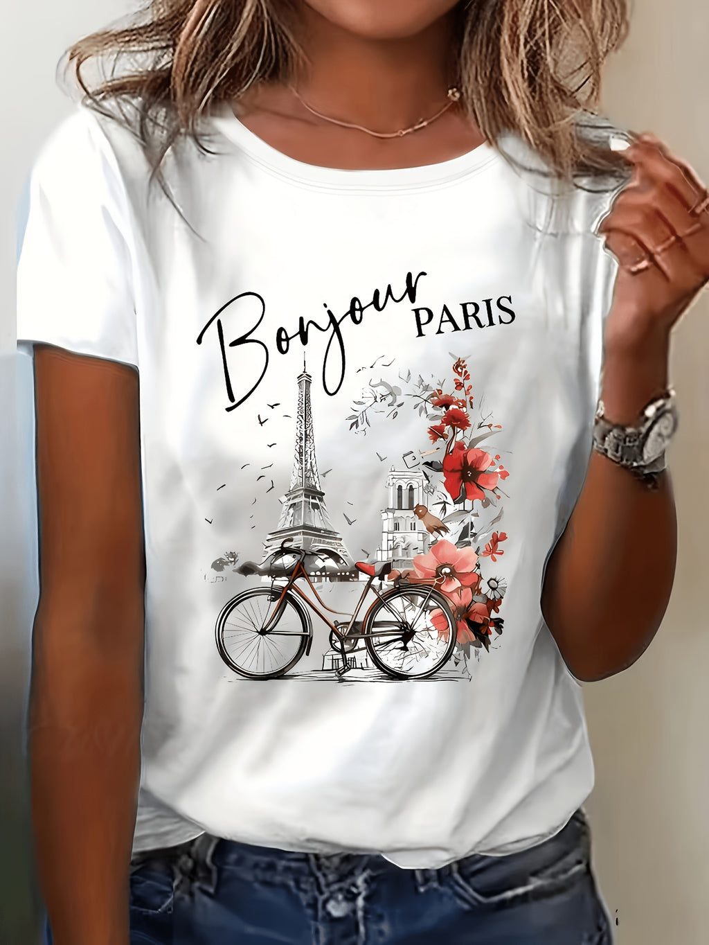 Summer Fashion Paris Print Casual Regular Fit Round Neck Short Sleeve T-Shirt