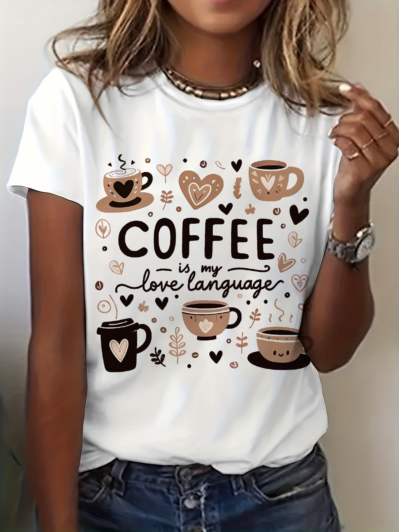 Cute Coffee Graphic Print T-Shirt, Short Sleeve Crew Neck Casual Top for Summer And Spring, Women'S Clothing