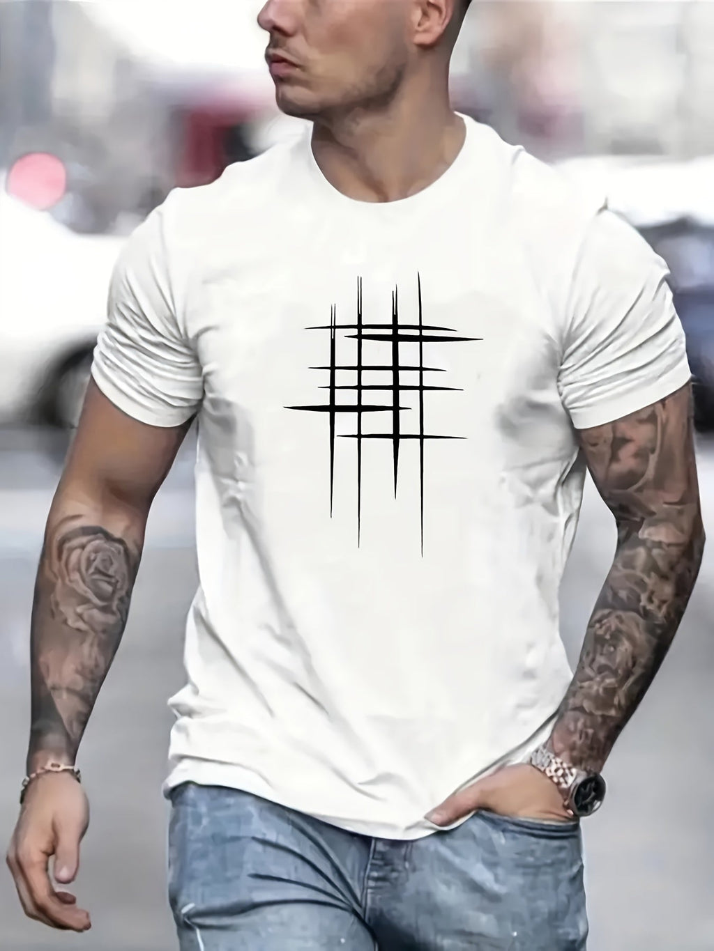 Men's Casual Short Sleeve T-Shirt - Round Neck, Soft Polyester Fabric, Geometric Black Line Design, Summer Style Tee for Casual Attire