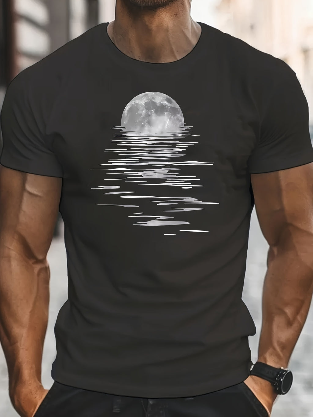 Men's Stylish Moon Creative Print T-Shirt, Crew Neck Short Sleeve, Casual Tee, Versatile Top For Spring And Summer, Trendy Streetwear Fashion