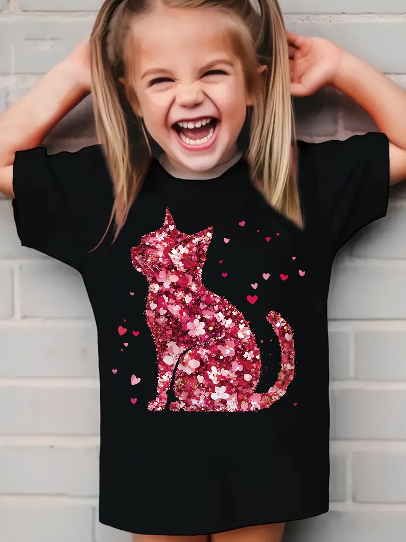 Cute girls' T-shirts, including a cat print T-shirt with faux sequin design, a romantic red floral print T-shirt, a round neck short-sleeved casual top, the perfect choice for summer outings.