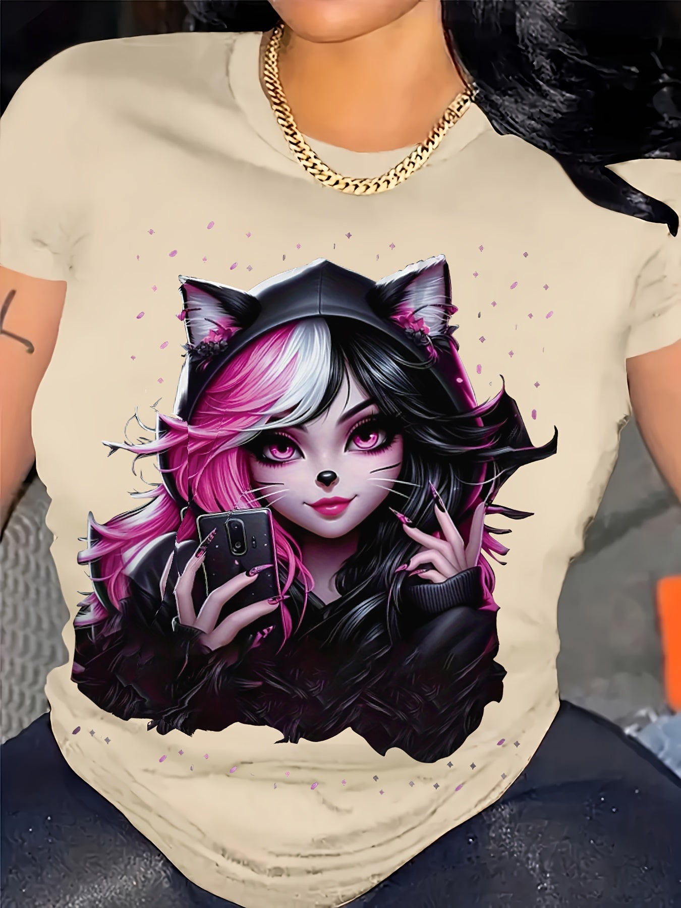 Women's Anime Cat Ear Graphic T-Shirt - Japanese Manga Print Short Sleeve Crew Neck Top, Soft Stretch Casual Summer & Spring Tee for Conventions, Themed Events & Casual Attire