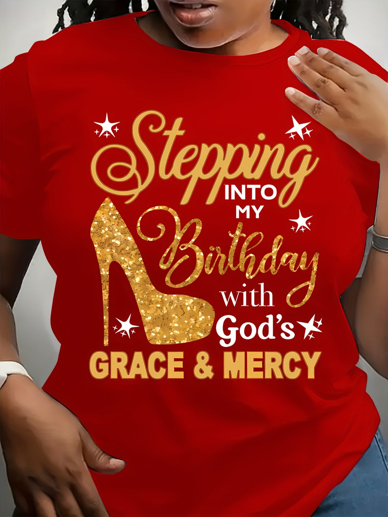 Plus Size, Plus-size Casual Fashion Printed T-shirt for Women, Trendy Lettering, High Heels, Base Layer, Daily Outing