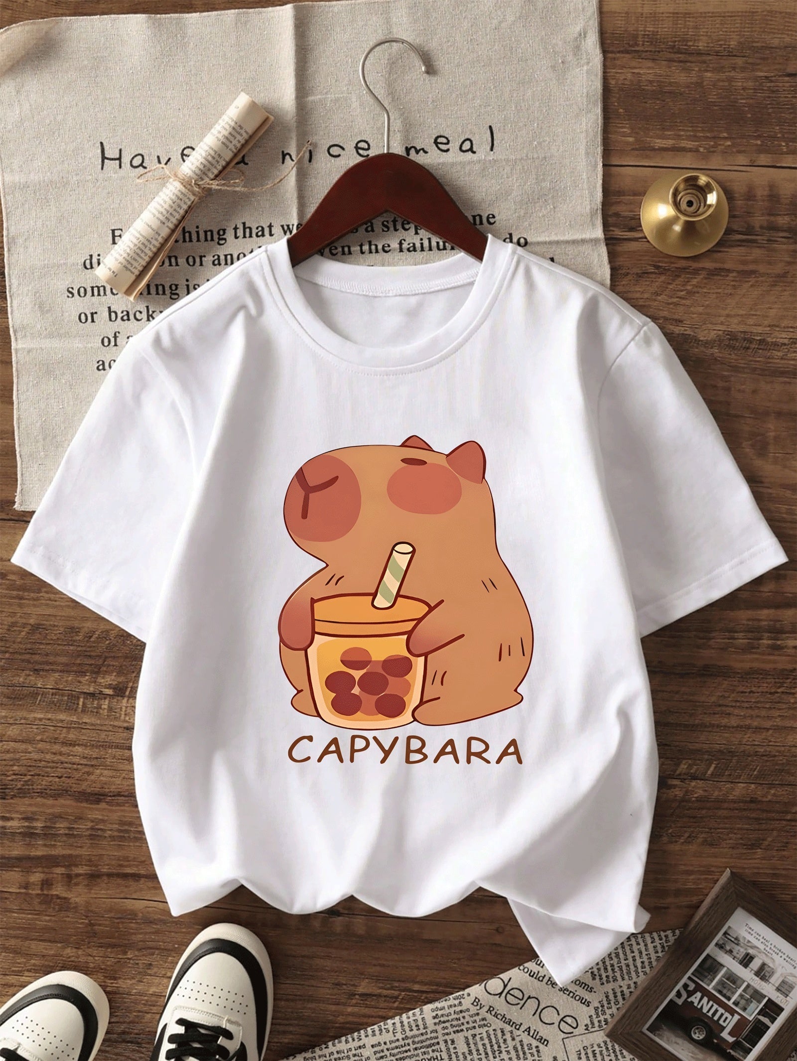 CAPYBARA Capybara Milk Tea Pattern Print, Summer Short Sleeve T-Shirt Top, Polyester Stretch Comfortable 'S Wear
