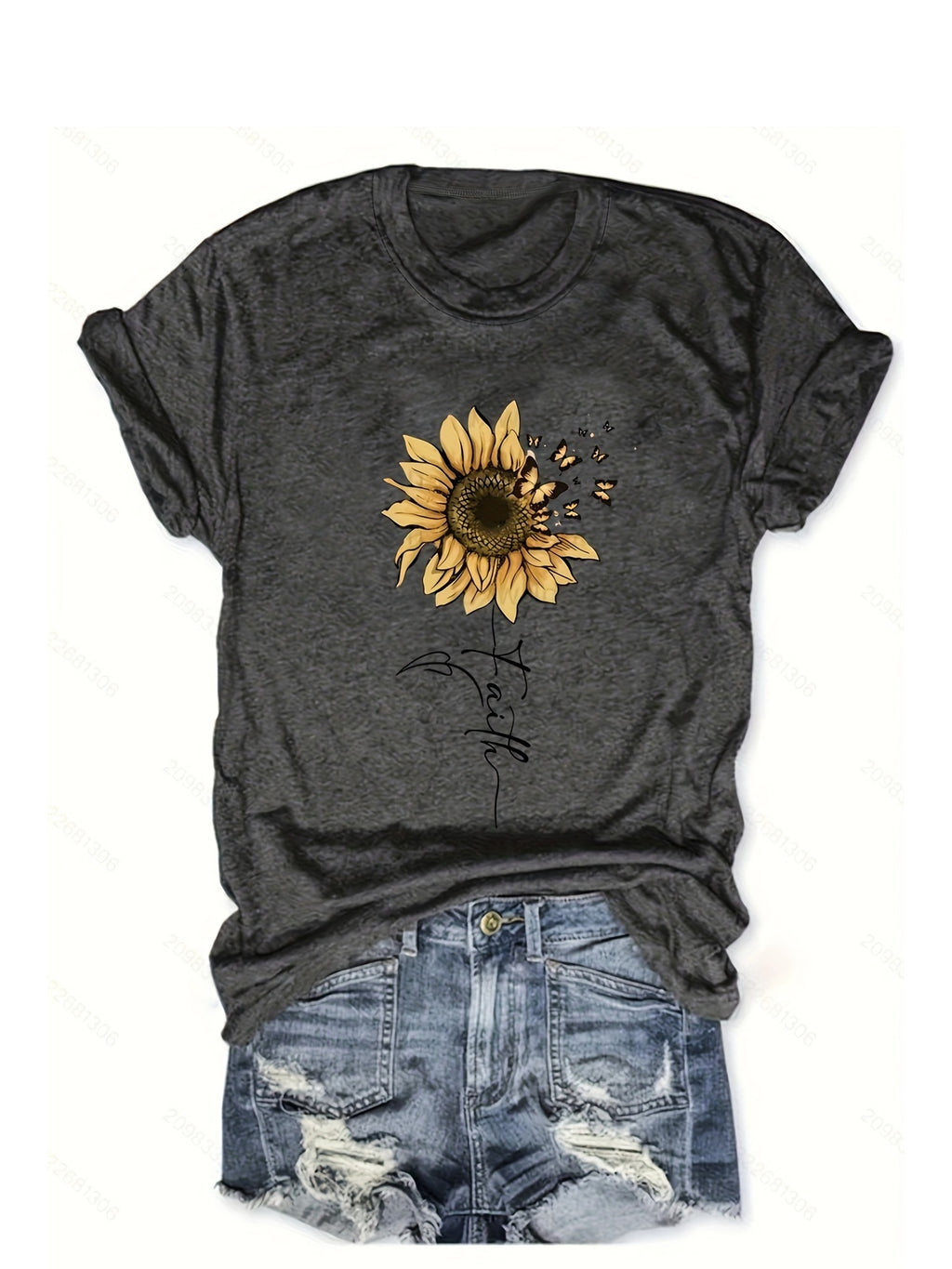 Women's Sunflower & Butterfly Print T-Shirt - Casual Short Sleeve Round Neck Blouse with Sunflower & Butterfly Design, Medium Stretch Fabric, Spring Summer Warm Weather Outfits, Machine Washable Opaque Top for Casual & Dressy Occasions -