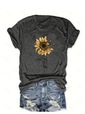 Women's Sunflower & Butterfly Print T-Shirt - Casual Short Sleeve Round Neck Blouse with Sunflower & Butterfly Design, Medium Stretch Fabric, Spring Summer Warm Weather Outfits, Machine Washable Opaque Top for Casual & Dressy Occasions -