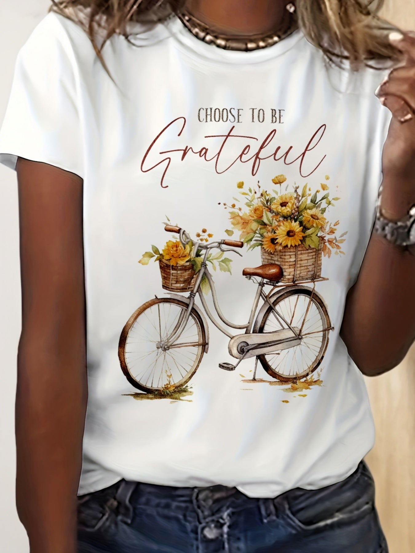 grateful flowers bike beautiful life graphic print t-shirt, short sleeve crew neck casual top for summer & spring, Women's clothing