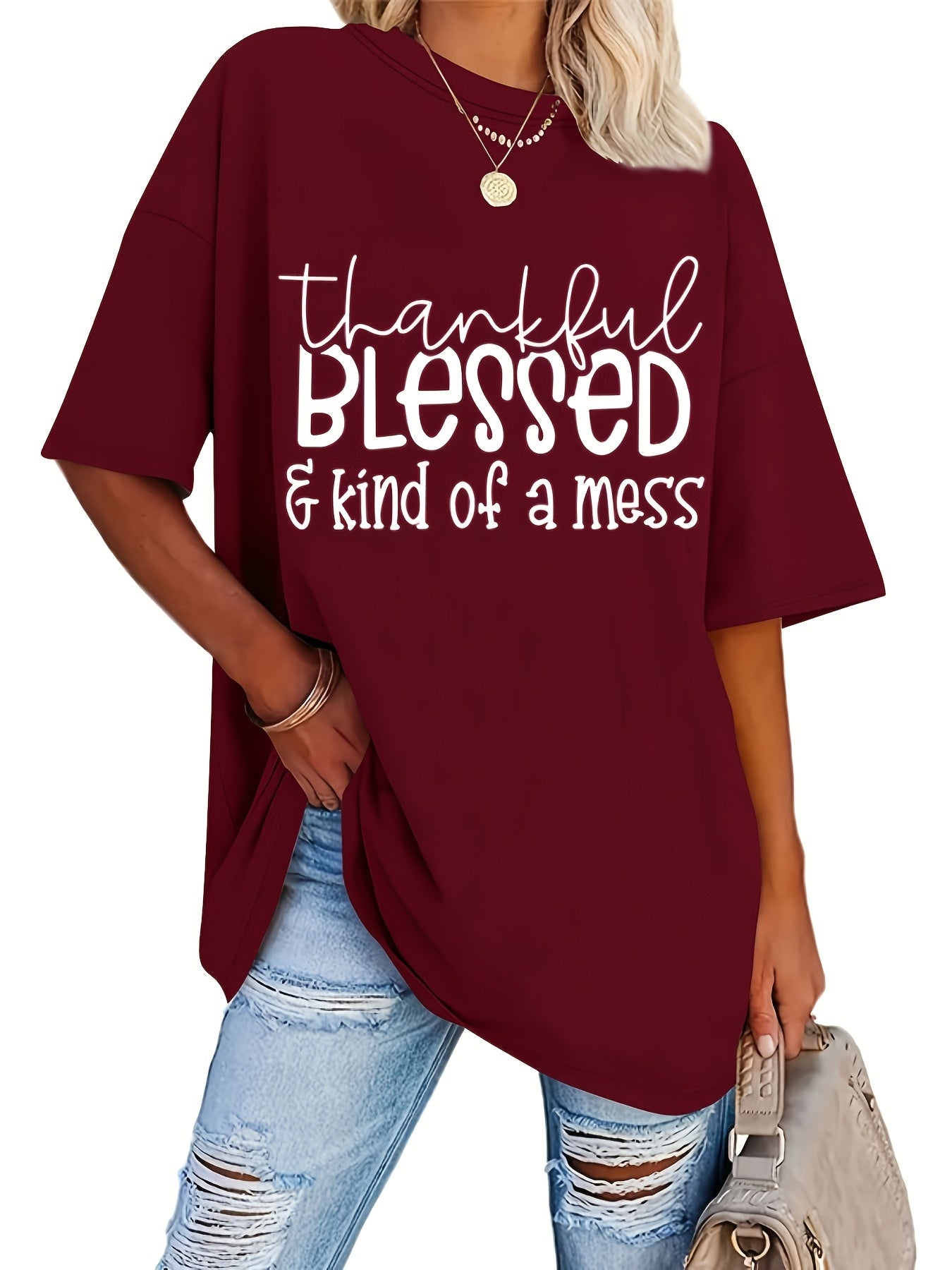 Plus Size Blessed Print T-shirt, Short Sleeve Crew Neck Casual Top For Summer & Spring, Women's Plus Size Clothing