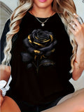 Plus Size, Women's Plus Size Oversized Black T-Shirt with Elegant Rose Print - Soft Stretch Short Sleeve Round Neck Blouse for All- Casual & Semi-Formal Wear - Machine Washable Comfortable Everyday Top for Larger Females