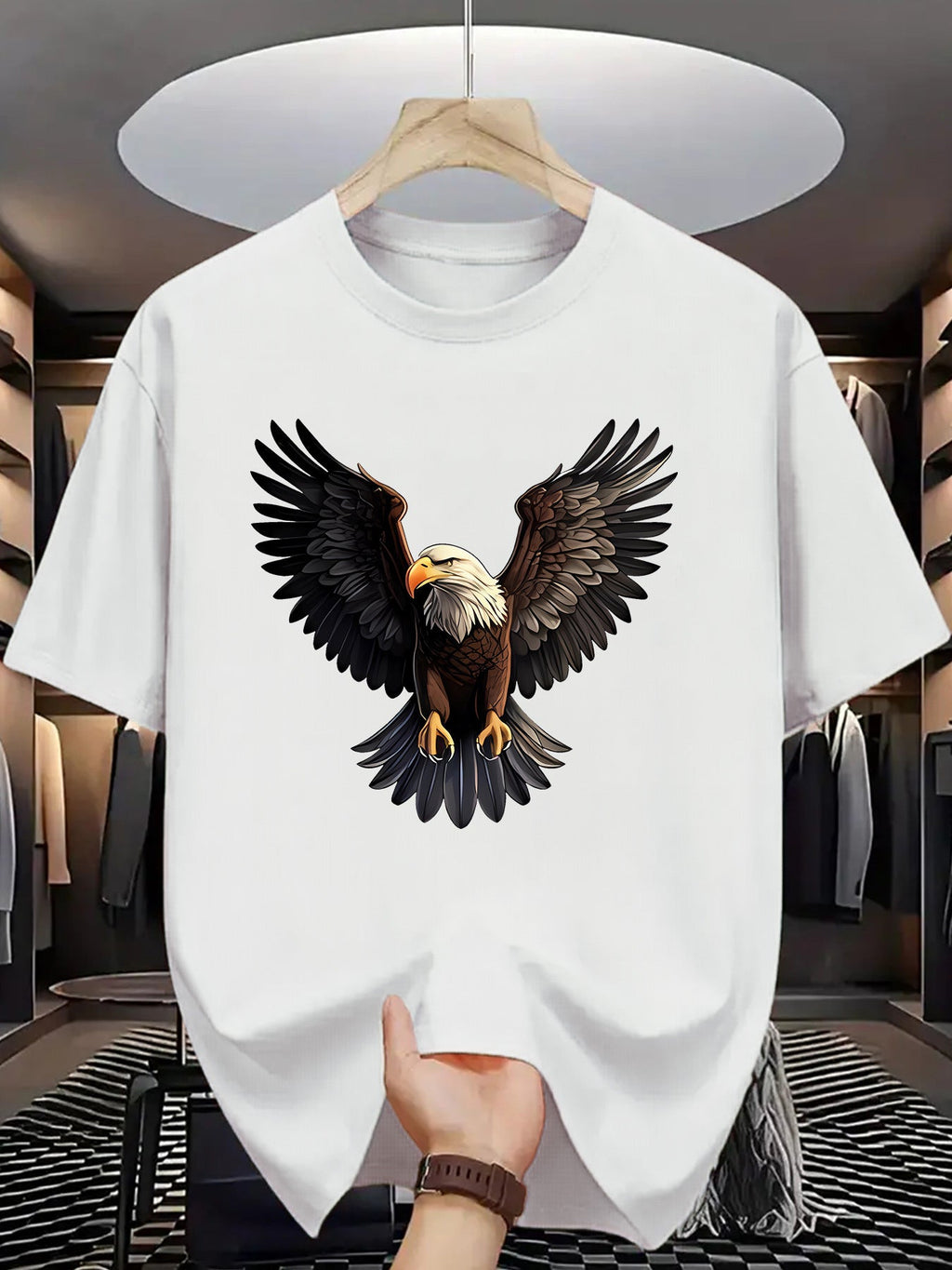 1pc Men'S Summer Fashion Eagle Print Short Sleeve T-Shirt, Casual Crew Neck Polyester Tee with Slight Stretch, Knit Fabric Letter Pattern Print for Adults