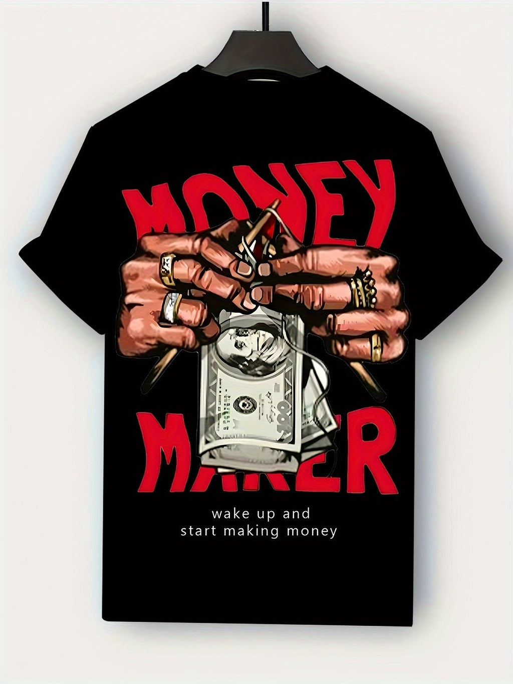 Hands With Money Print Men's Crew Neck Fashionable Short Sleeve Sports T-shirt, Comfortable And Versatile, For Summer And Spring, Athletic Style, Comfort Fit T-Shirt, As Gifts